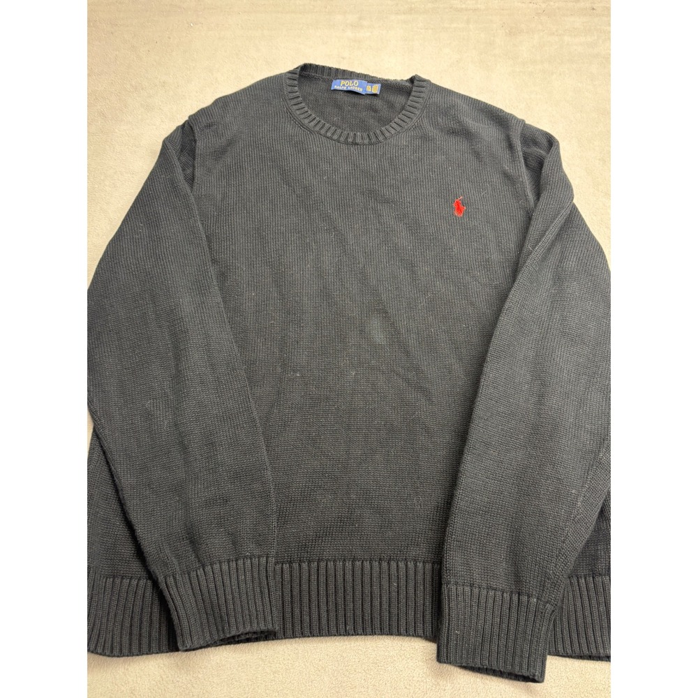 Polo Ralph Lauren Mens XXL Black Cotton Crewneck Sweater Red Cable Knit